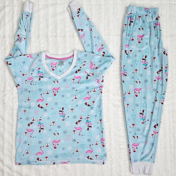 Womens Cuddl Duds Fleece Velour 2 pc Set Cozy Soft Flamingo & Hearts Loungewear - Picture 1 of 6